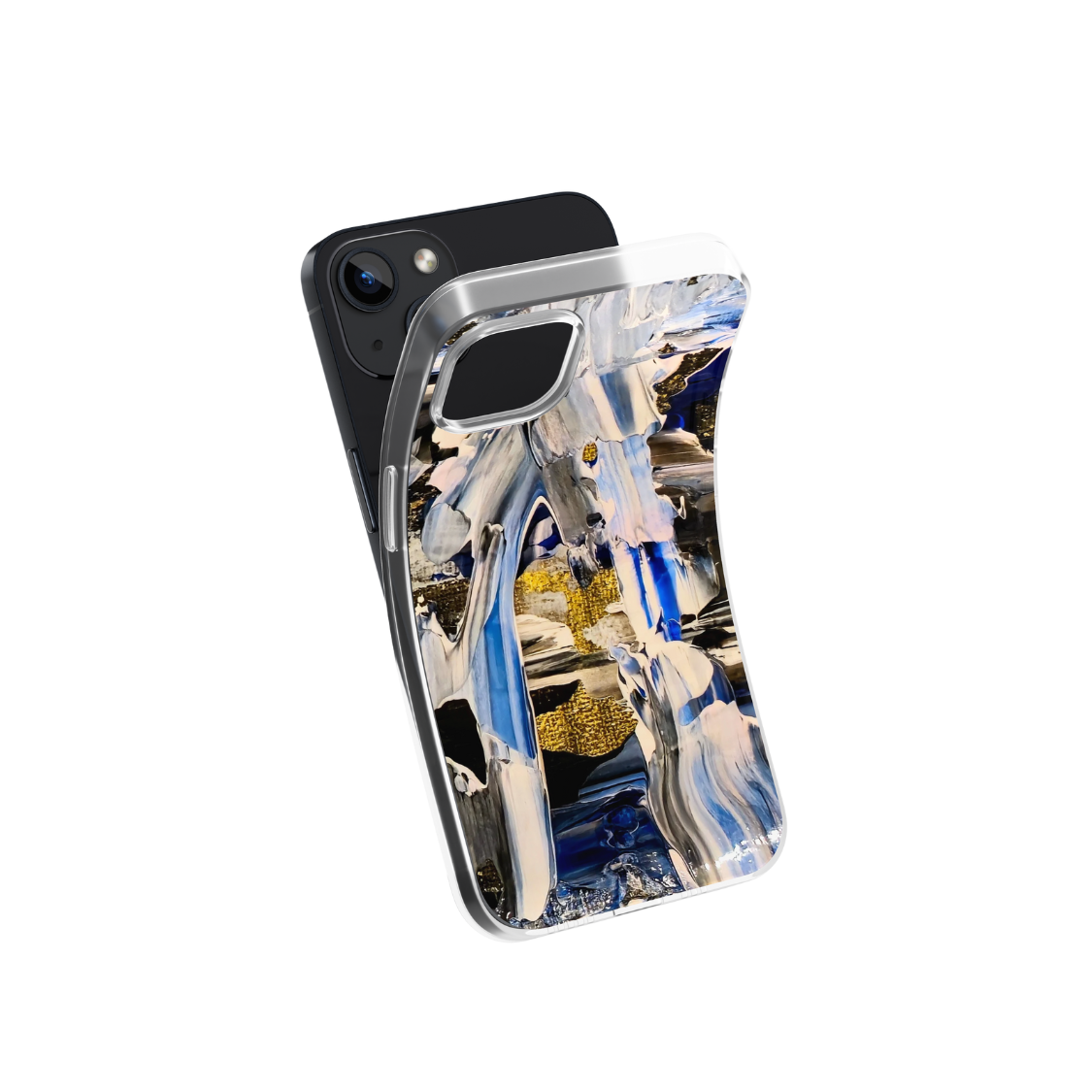 Front view of a flexible phone case for Samsung Galaxy and Apple iPhone featuring the artwork “Buenos Aires”, a blue, white, and gold abstract piece.