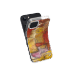 Front view of a flexible phone case for Samsung Galaxy and Apple iPhone featuring the artwork “Cairo”, a yellow and red abstract piece with ancient figures.