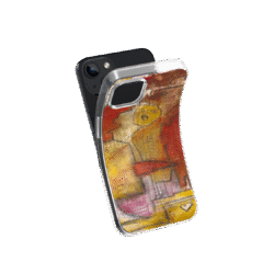 Front view of a flexible phone case for Samsung Galaxy and Apple iPhone featuring the artwork “Cairo”, a yellow and red abstract piece with ancient figures.