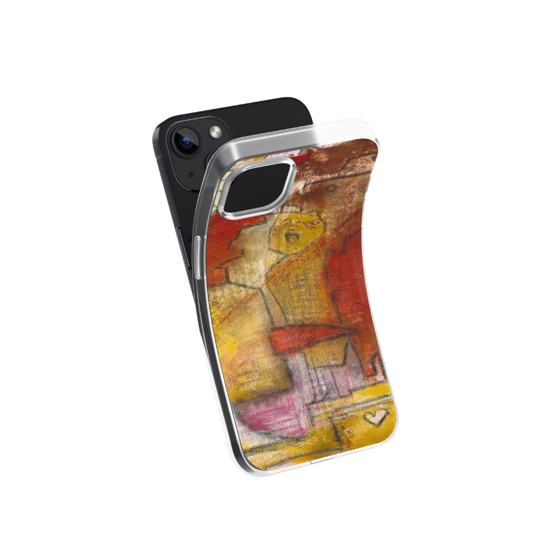 Front view of a flexible phone case for Samsung Galaxy and Apple iPhone featuring the artwork “Cairo”, a yellow and red abstract piece with ancient figures.