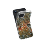 Front view of a flexible phone case for Samsung Galaxy and Apple iPhone featuring the artwork “Caracas”, a planet-like textured orange and grey abstract artwork.
