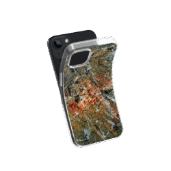 Front view of a flexible phone case for Samsung Galaxy and Apple iPhone featuring the artwork “Caracas”, a planet-like textured orange and grey abstract artwork.