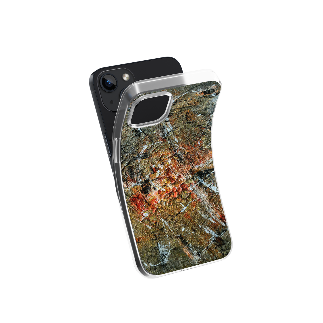 Front view of a flexible phone case for Samsung Galaxy and Apple iPhone featuring the artwork “Caracas”, a planet-like textured orange and grey abstract artwork.