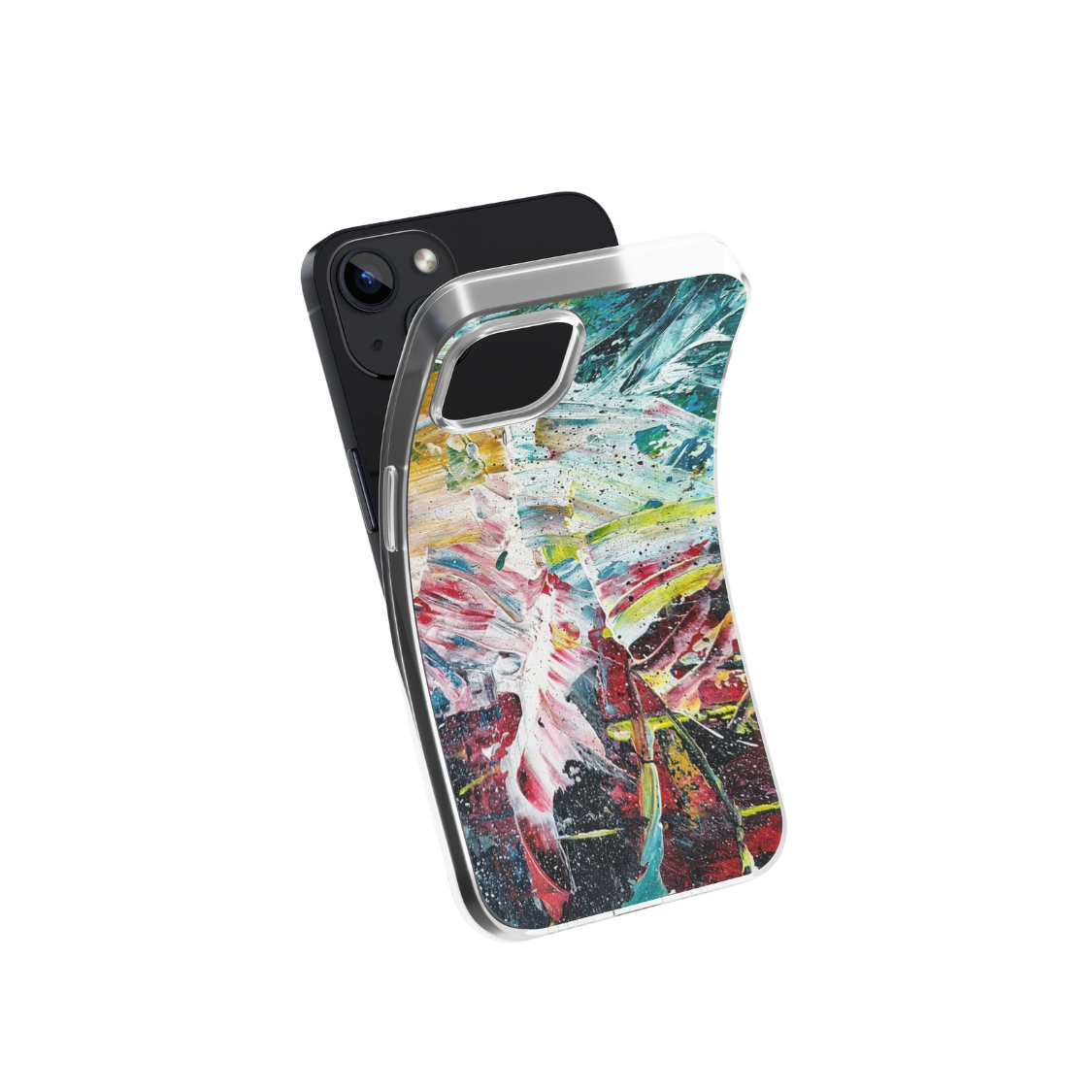 Front view of a flexible phone case for Samsung Galaxy and Apple iPhone featuring the artwork “Haarlem”, a colorful, expressive abstract piece.