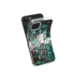 Front view of a flexible phone case for Samsung Galaxy and Apple iPhone featuring the artwork “Madrid”, a green and white layered abstract piece.