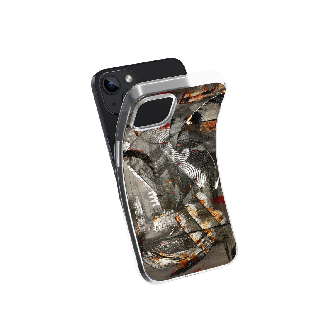 Front view of a flexible phone case for Samsung Galaxy and Apple iPhone featuring the artwork “Paris”, a dark grey abstract artwork.