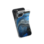 Front view of a flexible phone case for Samsung Galaxy and Apple iPhone featuring the artwork “Rome”, a fluid blue, white, and black abstract painting.