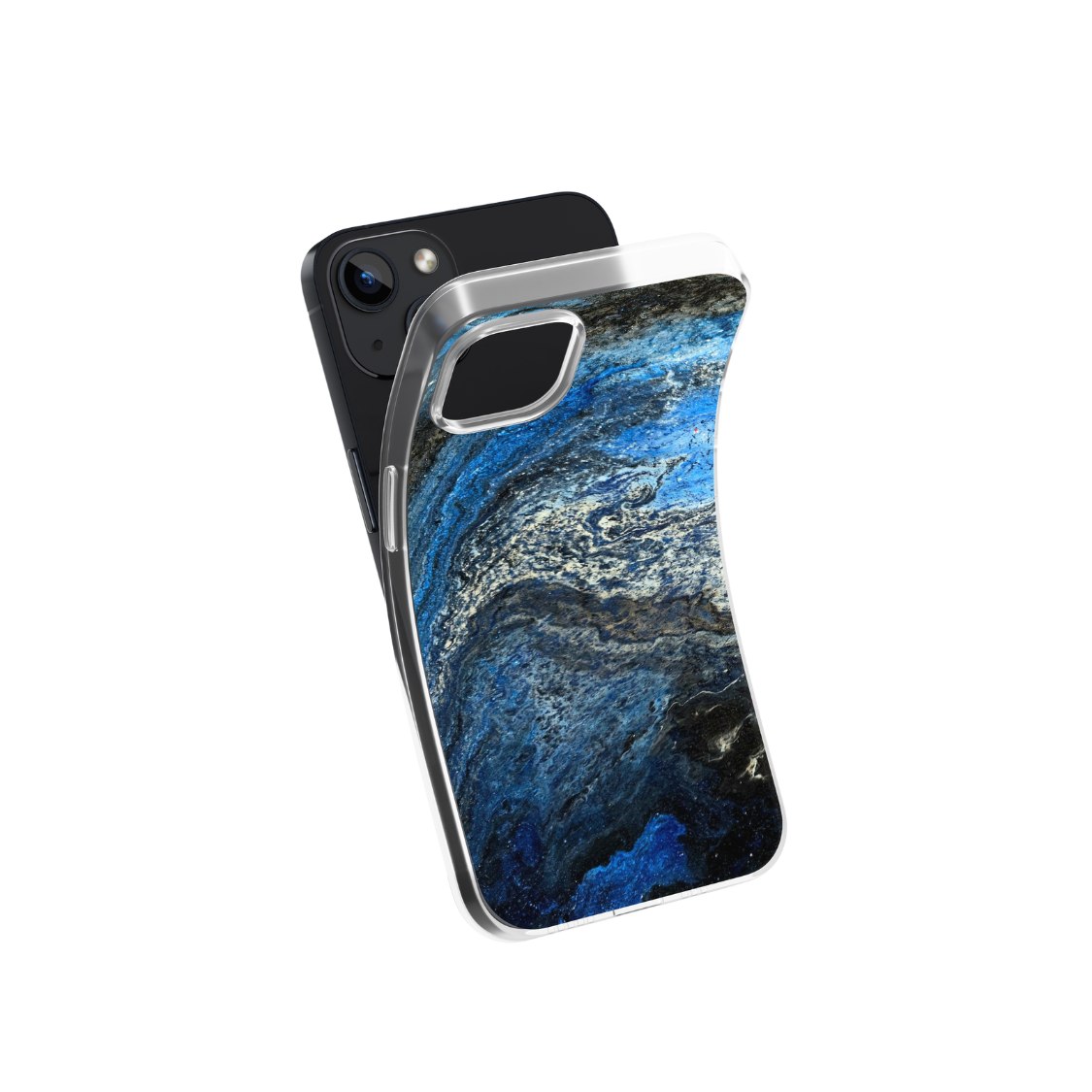 Front view of a flexible phone case for Samsung Galaxy and Apple iPhone featuring the artwork “Rome”, a fluid blue, white, and black abstract painting.