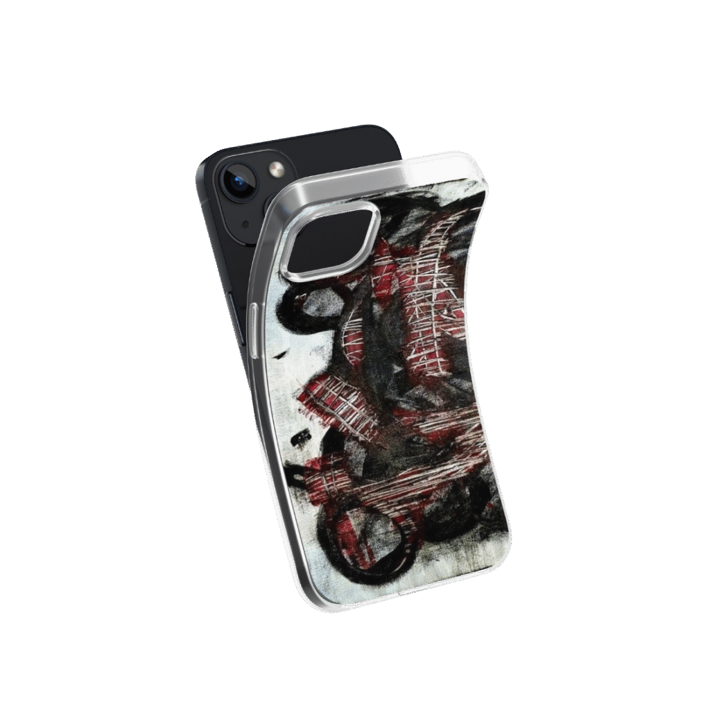 Front view of a flexible phone case for Samsung Galaxy and Apple iPhone featuring the artwork “The Quiet Collapse”, a black, white, and red expressive abstract piece.
