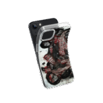 Front view of a flexible phone case for Samsung Galaxy and Apple iPhone featuring the artwork “The Quiet Collapse”, a black, white, and red expressive abstract piece.