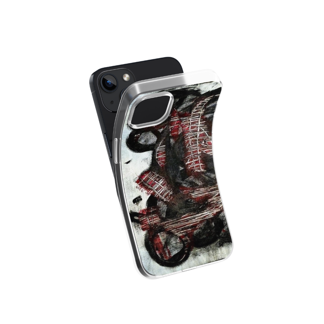 Front view of a flexible phone case for Samsung Galaxy and Apple iPhone featuring the artwork “The Quiet Collapse”, a black, white, and red expressive abstract piece.