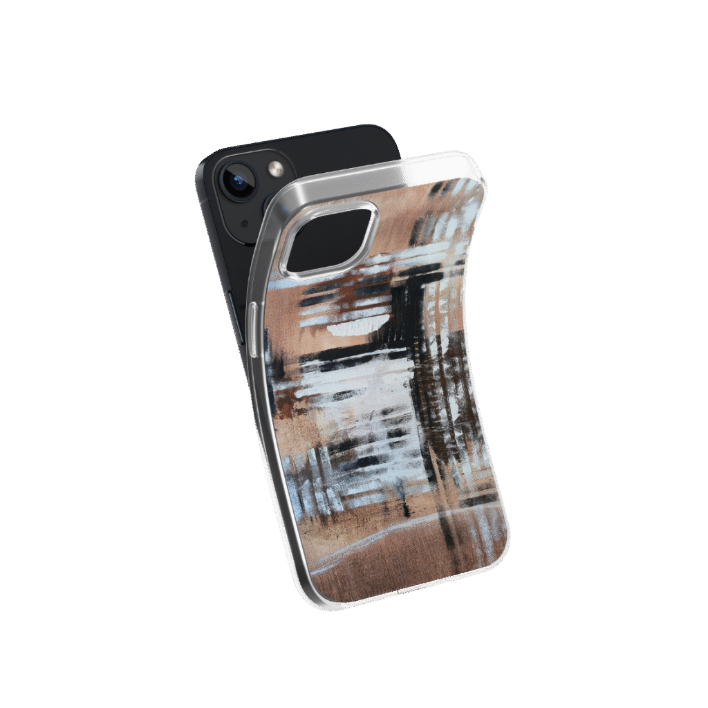 Front view of a flexible phone case for Samsung Galaxy and Apple iPhone featuring the artwork “Tokyo”, a brown, white, and black abstract painting.