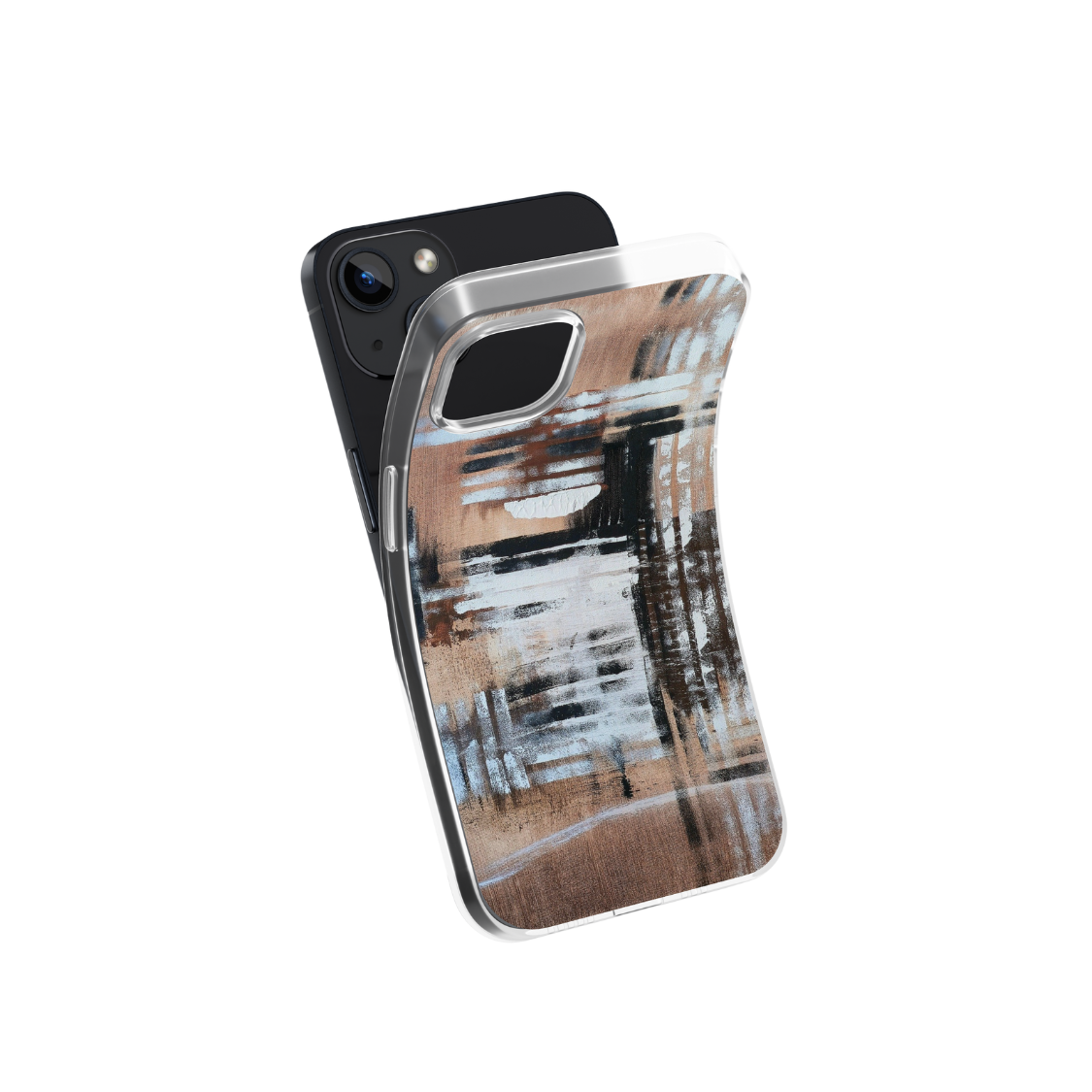 Front view of a flexible phone case for Samsung Galaxy and Apple iPhone featuring the artwork “Tokyo”, a brown, white, and black abstract painting.