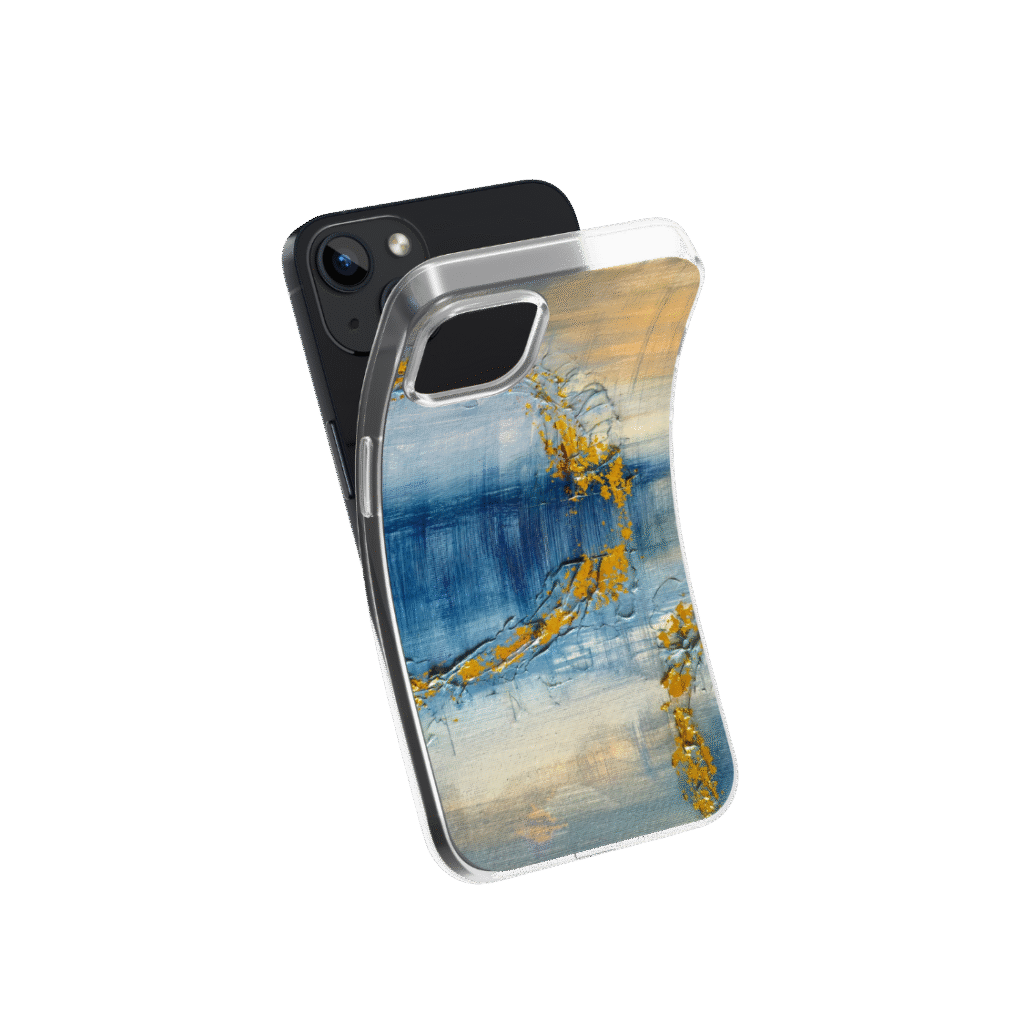 Front view of a flexible phone case for Samsung Galaxy and Apple iPhone featuring the artwork “Venice”, a blue and gold abstract painting.