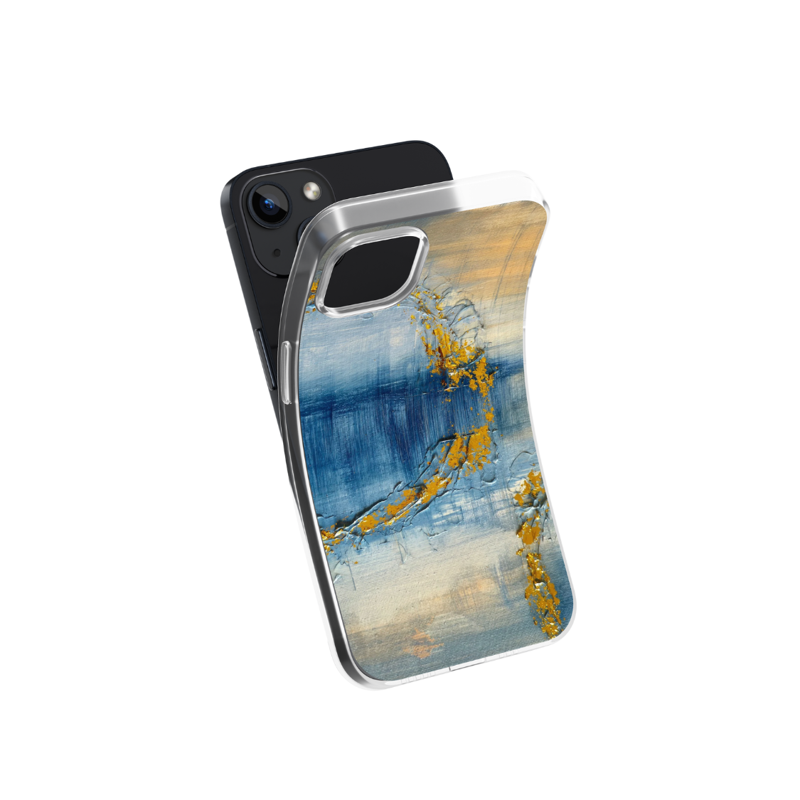 Front view of a flexible phone case for Samsung Galaxy and Apple iPhone featuring the artwork “Venice”, a blue and gold abstract painting.
