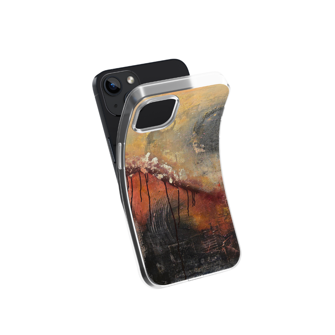 Front view of a flexible phone case for Samsung Galaxy and Apple iPhone featuring the artwork “Winter is Coming”, an autumn colored, expressive abstract artwork.