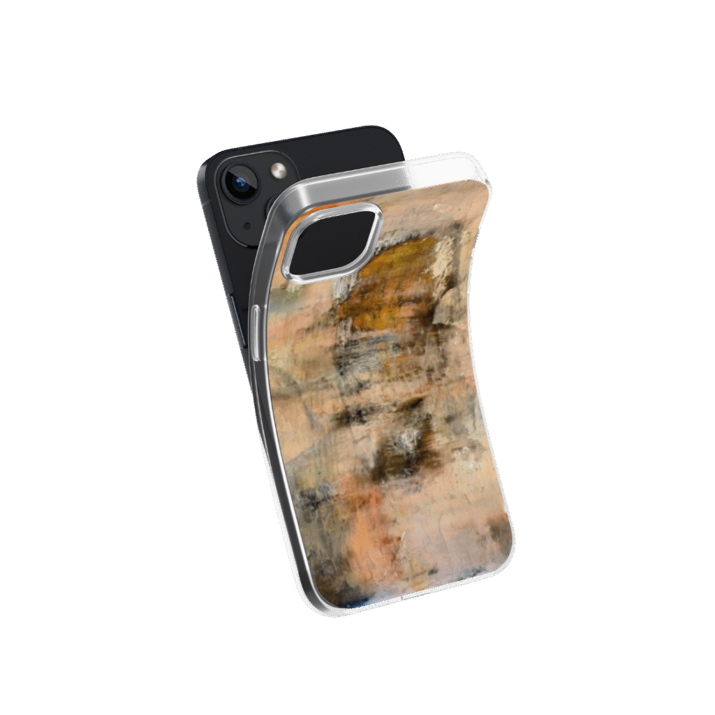 Front view of a flexible phone case for Samsung Galaxy and Apple iPhone featuring the artwork “The Forgotten”, a warm abstract piece with a silhouette of a face.