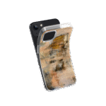Front view of a flexible phone case for Samsung Galaxy and Apple iPhone featuring the artwork “The Forgotten”, a warm abstract piece with a silhouette of a face.