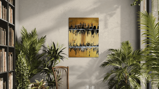 Glowing-abstract-portrait-with-gold-black-white-in-living-room-blog